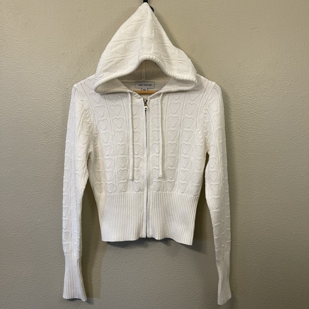 Urban Weekend Hooded Knit Cardigan Ivory Hearts Super Soft Cozy Romantic  Size L